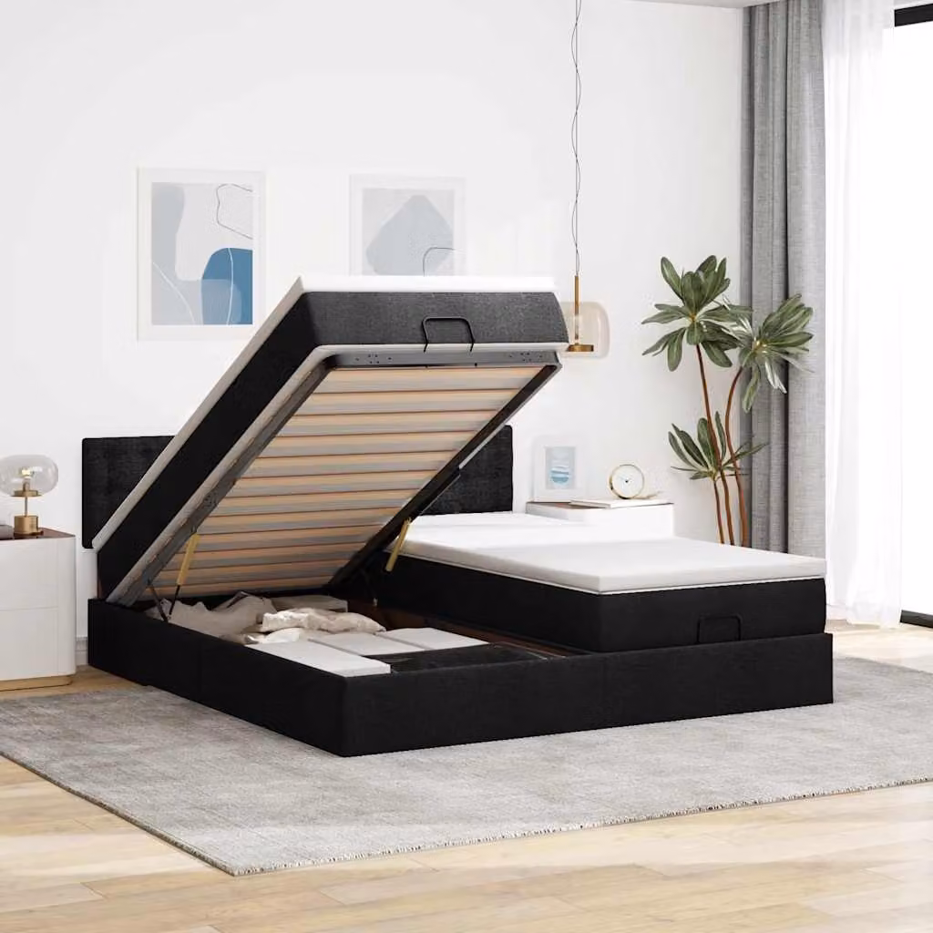 Struttura Letto con Contenitore e Materasso vidaXL in Tessuto Nero 200x200 cm – 1