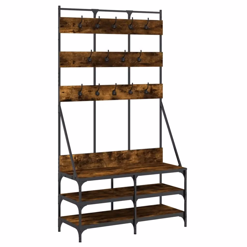 Appendiabiti con porta scarpe e panca vidaXL in legno e metallo, colore rovere fumo, L 100 x P 40 x H 184 cm – 2