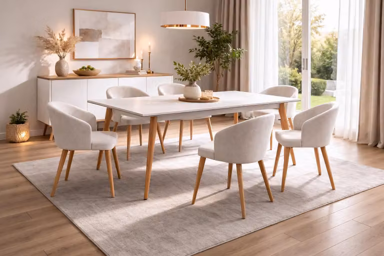 Set da pranzo elegante in bianco, composto da un tavolo rettangolare e sedie imbottite