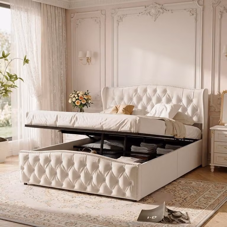 Letto imbottito INONEFT, modello boxspring, 140x200 cm, con spazio contenitore ad apertura idraulica, letto per ragazzi, letto matrimoniale con rete a molle, letto contenitore, in velluto, color beige