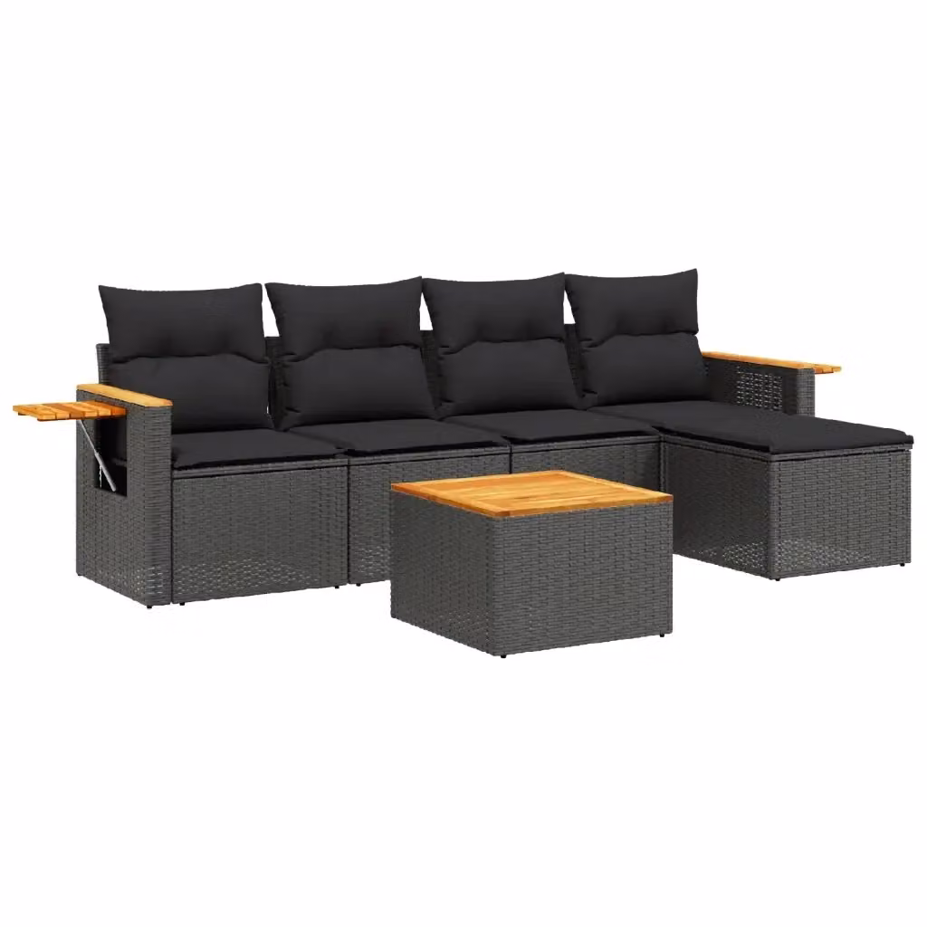 vidaXL Set Divano da Giardino 6 pz a L con Cuscini Nero in Polyrattan e Legno di Acacia – 2