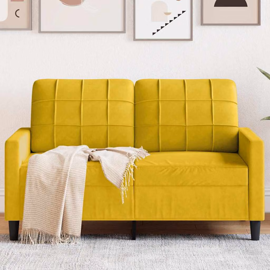 Divano a 2 posti moderno vidaXL in velluto giallo con struttura in metallo per il tuo soggiorno L: 137 cm, P: 80 cm, H: 77 cm