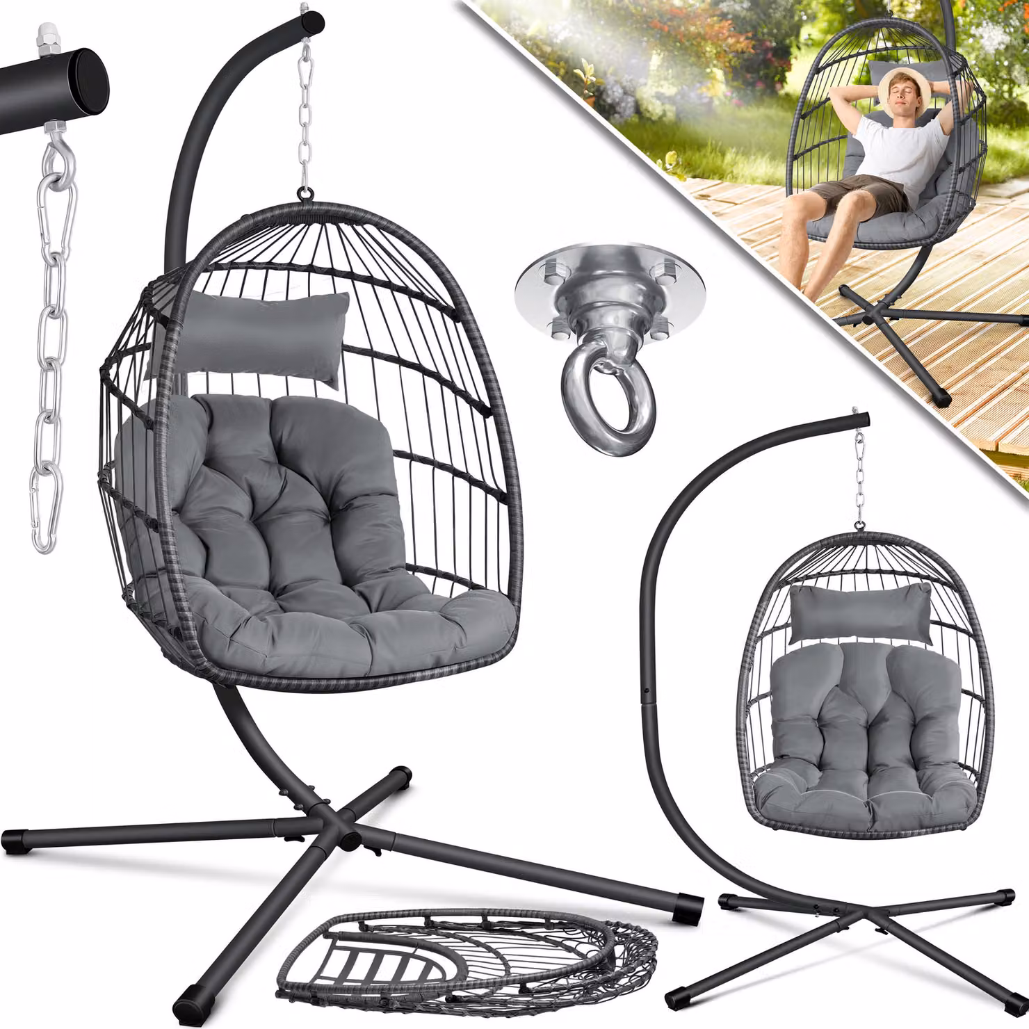 Poltrona sospesa KESSER® Jungle con struttura in acciaio, cesto sospeso, poltrona inclusa. Cuscini grandi + coperte, supporto - Altalena sospesa, seduta sospesa per interni ed esterni, altalena sospesa per bambini e adulti