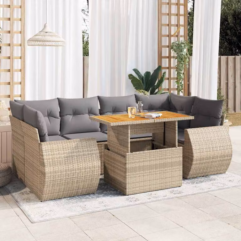Set Divani da Giardino vidaXL 7 pz in Polyrattan con Cuscini Beige e Tavolino da Esterno