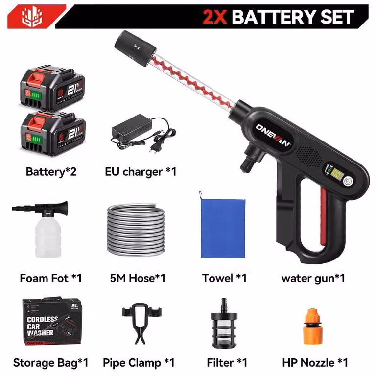 Idropulitrice ad alta pressione senza fili - Pistola lavante portatile - 220 bar, 3500 W - Motore brushless - 3 livelli di potenza - 18V, set con 2 batterie
