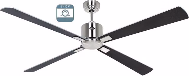 Ventilatore a soffitto CasaFan ECO NEO III 152 con corpo in acciaio cromo spazzolato e pale in legno color wenge e grigio