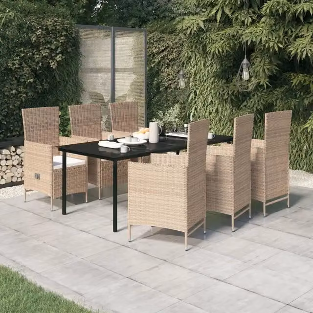Set da pranzo da giardino vidaXL in polyrattan con tavolo in vetro e 7 sedie con cuscini beige e nero – 1