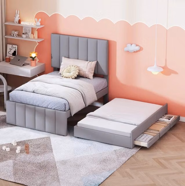 Letto imbottito 90 x 200 cm con letto estraibile; 3 cassetti e testiera regolabile; grigio