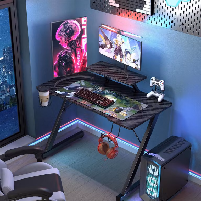 Scrivania da gaming 100x55 cm con supporto per monitor, superficie in fibra di carbonio, portabevande, gancio per cuffie, colore nero
