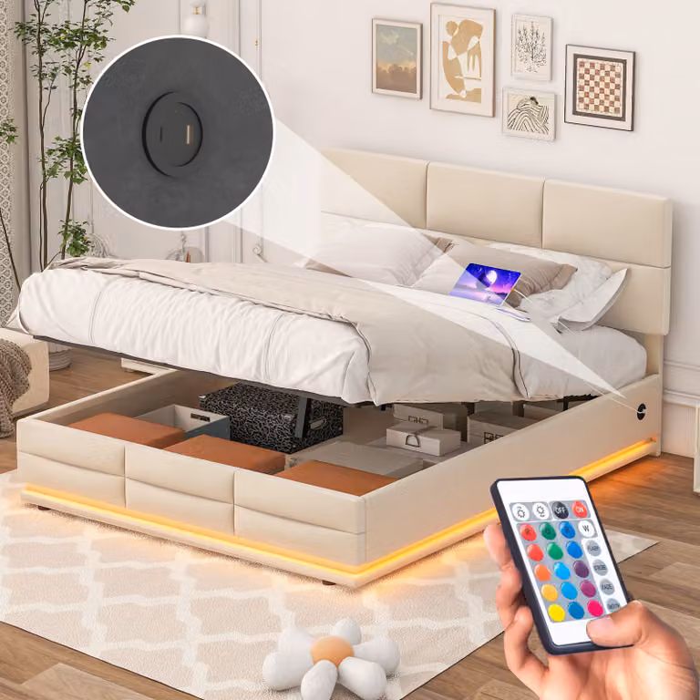 Letto imbottito LVHOM 160x200cm con LED e USB, letto matrimoniale con sistema idraulico, letto contenitore in tessuto di velluto, struttura del letto solida, letto a molle, beige