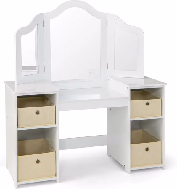 Set toeletta per bambini con specchio a 3 ante rimovibile e 4 cassetti in tessuto, Mobile da trucco per bambini Bianco-Toelette per bimbi