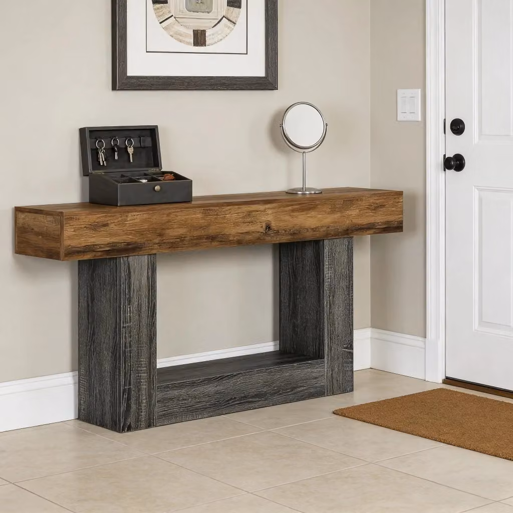 Consolle da soggiorno Mivray con ripiano inferiore e base a U in MDF, grigio e marrone rustico – 2