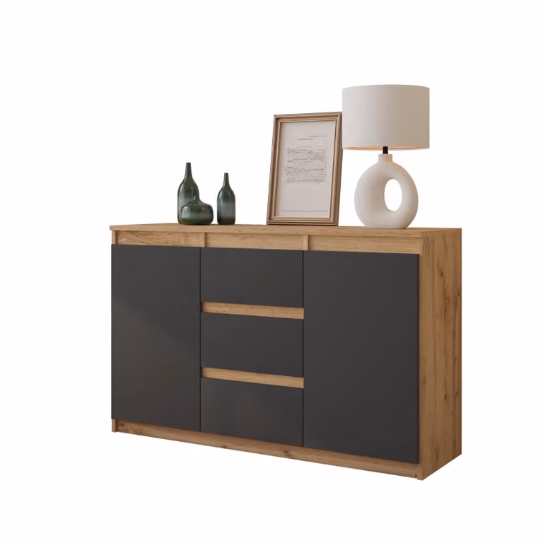Comodà da 120 cm in rovere Wotan / antracite, 3 cassetti, 2 ante, 2 ripiani, soggiorno