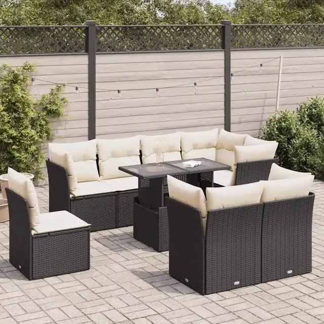 Set Divani da Giardino 9 pz con Cuscini Nero in Polyrattan 3326177