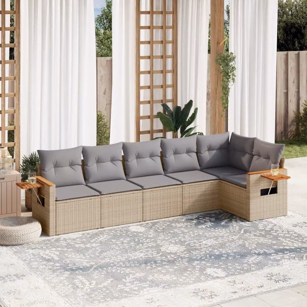vidaXL Set Divano da Giardino 6 pz a L in Polyrattan con Cuscini Beige e Tavolino da Caffè – 1
