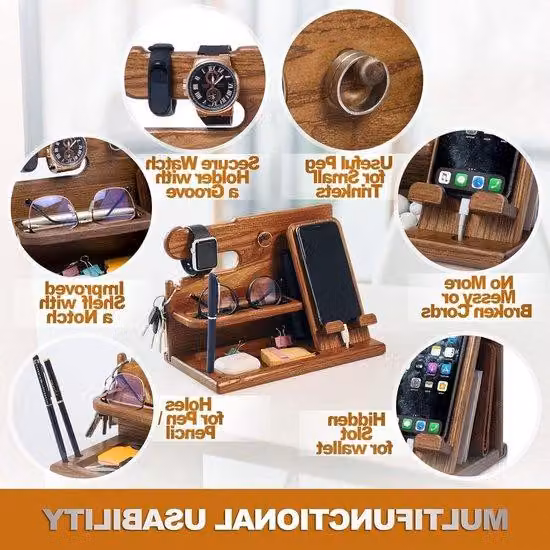 Supporto per telefono in legno con ripiano portaoggetti per telefono, portafoglio, orologi e chiavi – Organizzatore da scrivania per comodino – Accessorio da scrivania in legno con diversi scomparti