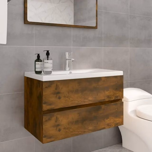 Mobile Bagno Moderno con Lavabo in Ceramica vidaXL in Legno Rovere e Bianco, Sospeso, L/P/H: 80 x 38,5 x 45 cm