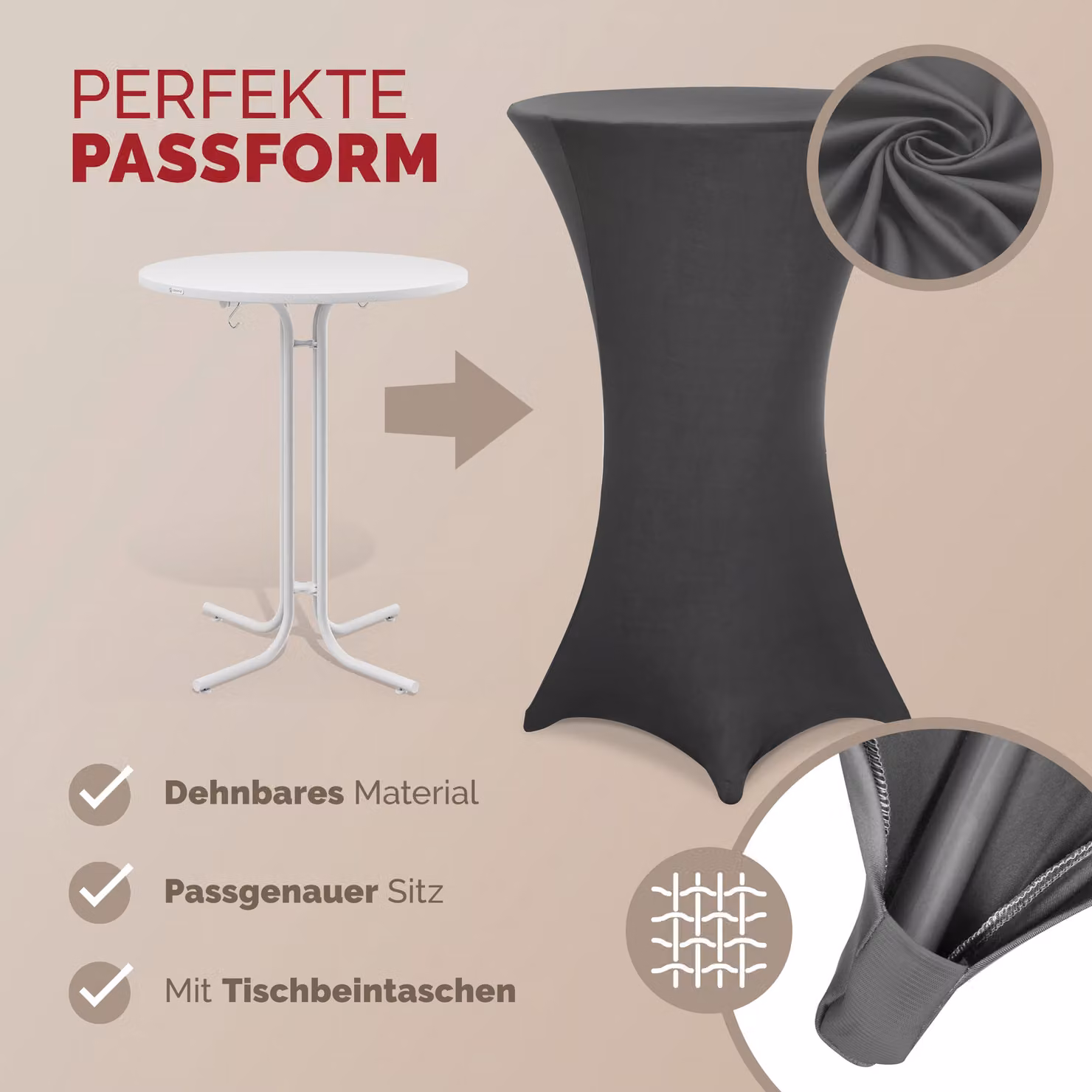 Copritavolo elastico in poliestere ed elastan colore antracite Ø 70 cm con tecnologia Detex® – 3