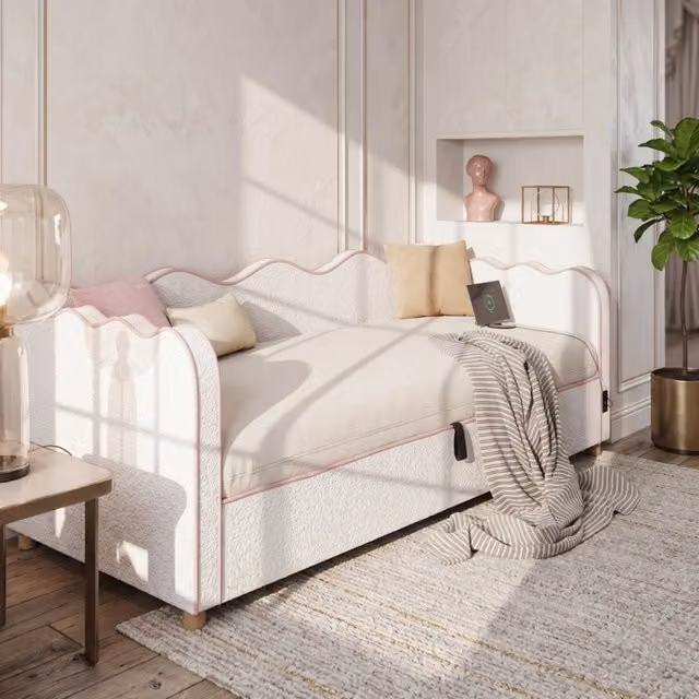 Divano letto imbottito 90x200 cm con contenitore idraulico, porta USB e schienale, bouclé, Beige