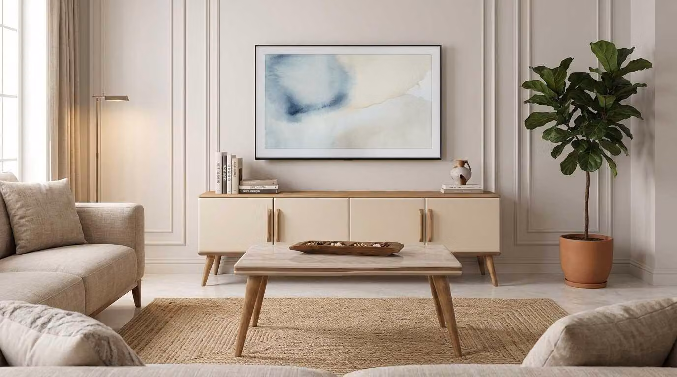 Set soggiorno beige moderno mobile TV basso, tavolino