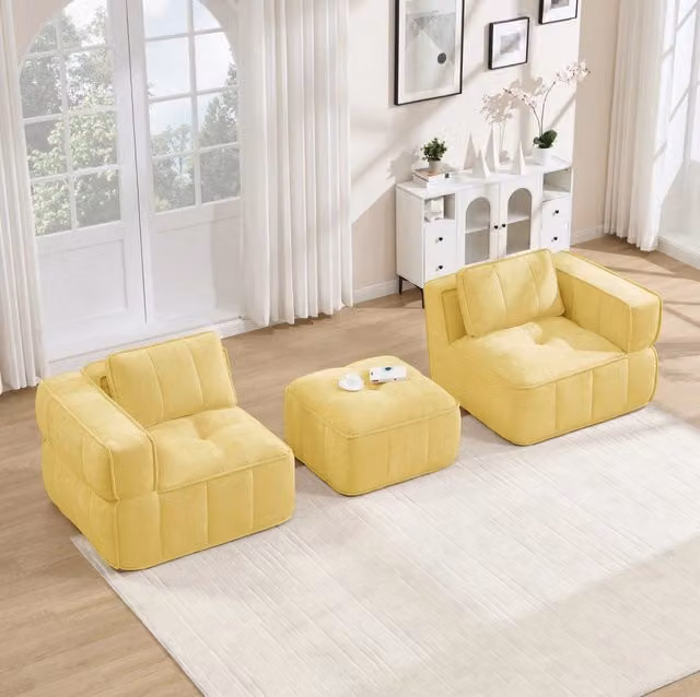 Divano modulare senza struttura con pouf; schiuma 32D e rivestimento in poliestere giallo