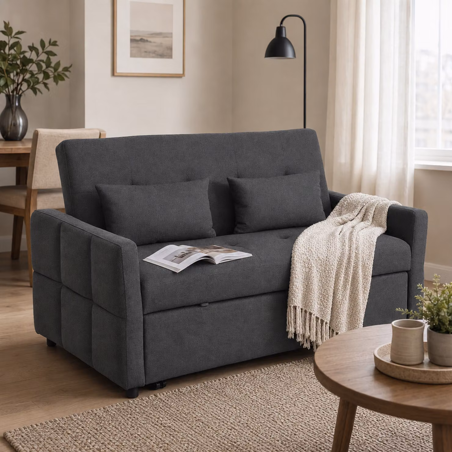 Divano letto clic clac HOMCOM a 2 posti in tessuto con 2 cuscini, grigio scuro – 2
