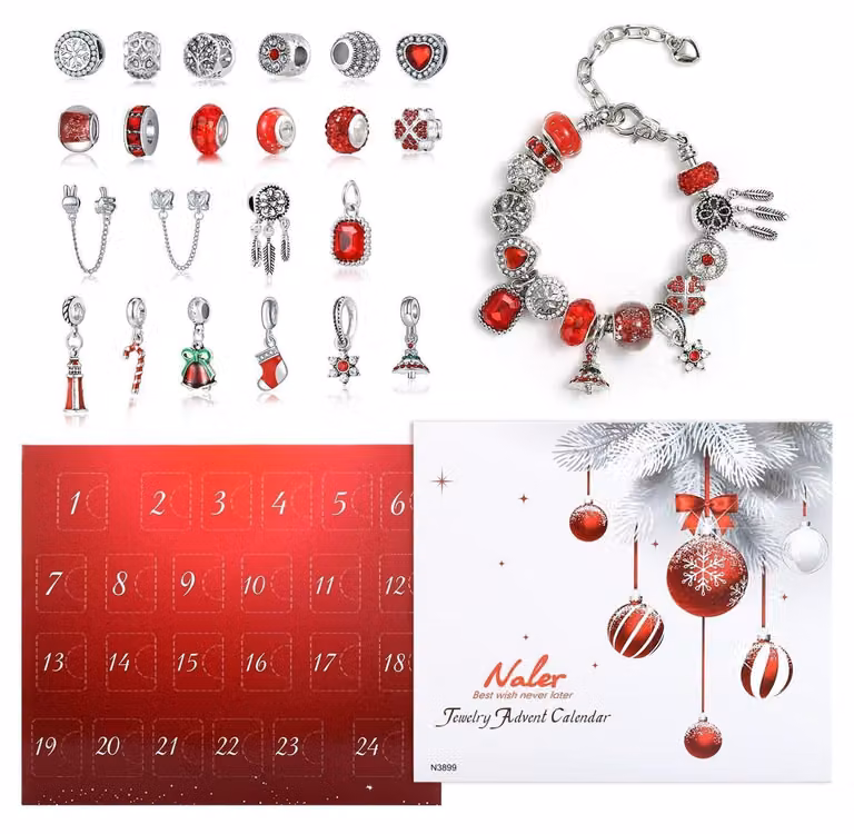 Calendario dell'Avvento con gioielli, confezione da 24 pezzi, colore rosso, perline di vetro con catene e braccialetto