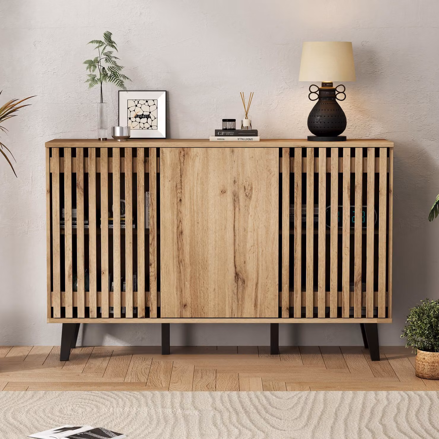 Credenza Merax 150 cm, cassettiera a 3 ante e 6 scomparti, mobile da soggiorno con ante in legno, mobile contenitore, aspetto legno, naturale + nero
