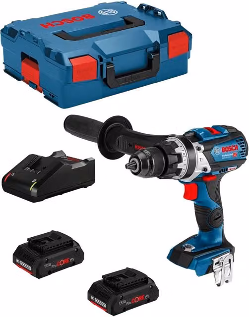 Trapano a percussione Bosch GSB 18V-110 C con 2 batterie ProCORE da 4,0 Ah, caricabatterie GAL18V-40 e custodia L-Boxx 136