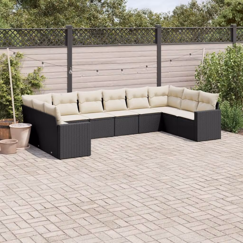 Set di divani da giardino vidaXL in polyrattan nero con cuscini e struttura in metallo – 1