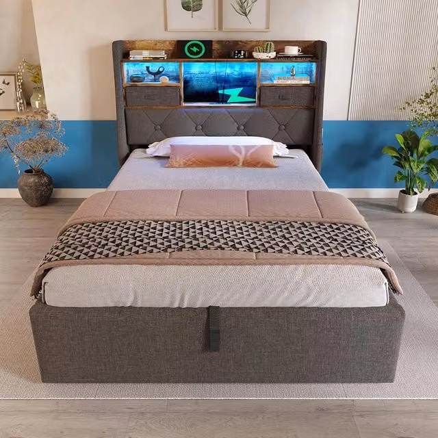 Letto 90x200cm?- Xylo - idraulico 4 USB lino grigio