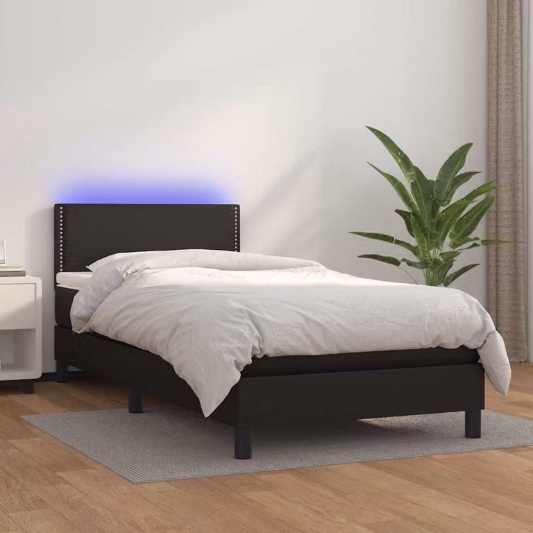 vidaXL Giroletto a Molle con Materasso e LED Nero in Similpelle, L/P: 90 x 190 cm