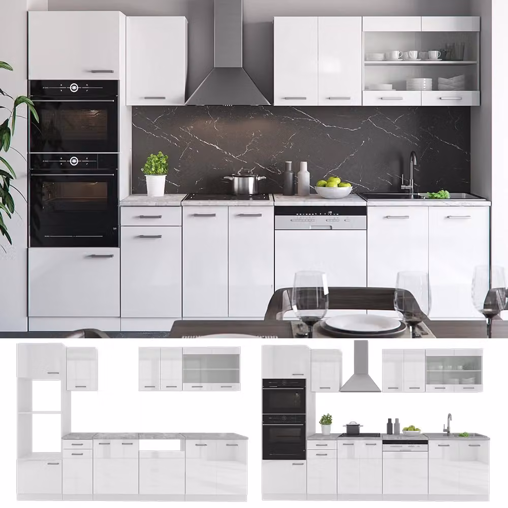Cucina componibile moderna R-Line Vicco Bianco lucido e Rovere, Larghezza: 300 cm – 2