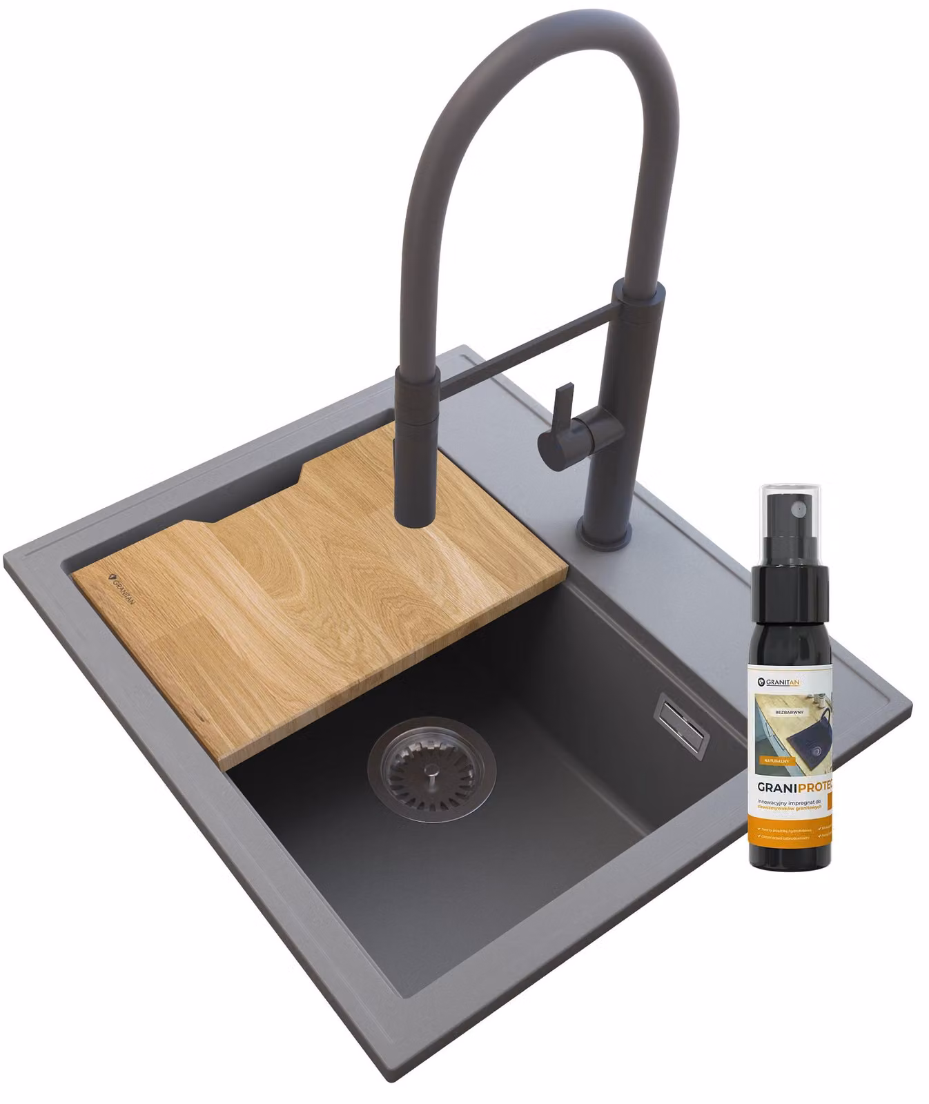 Granitan - Lavello in granito - Lavandino 56,5x50,5 cm - Lavello grigio - con miscelatore - FOXAL