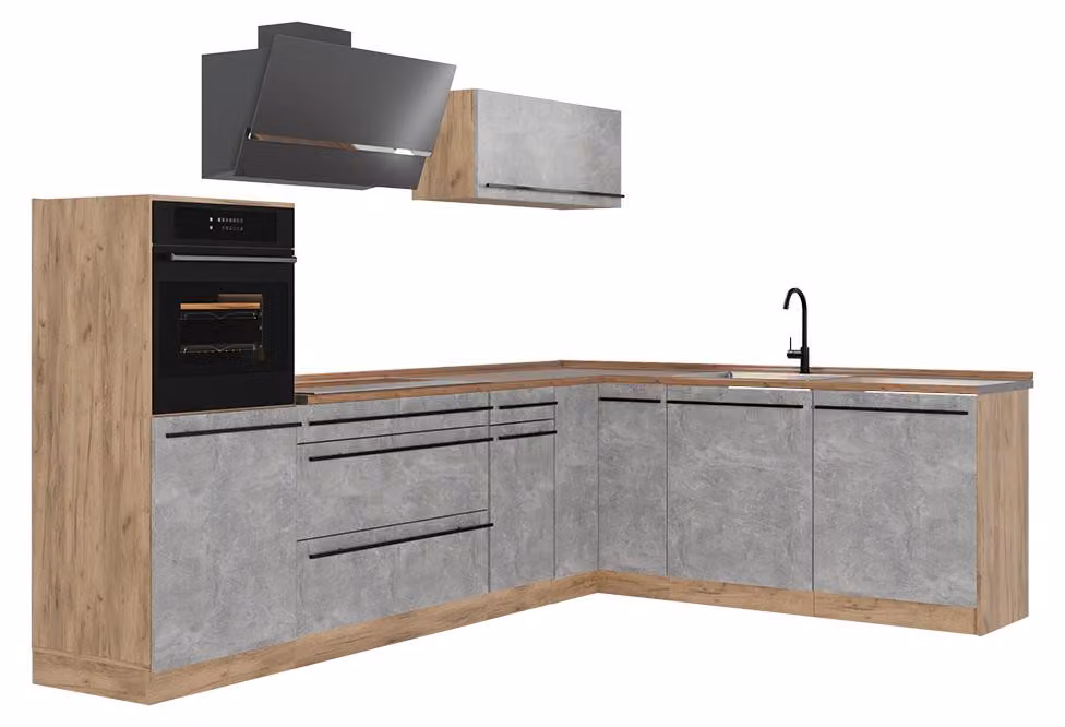 Cucina angolare completa Vicco R-Line Calcestruzzo/Rovere dorato 287 x cm piano di lavoro Rovere dorato, Model 67462