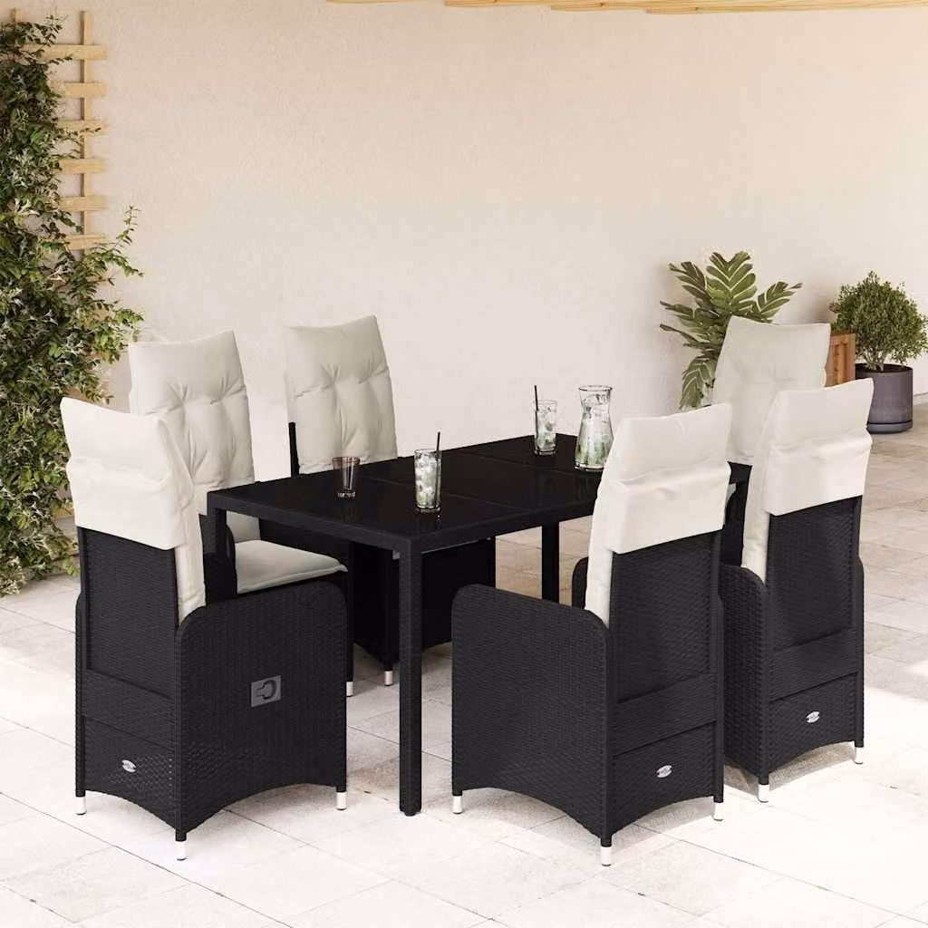 Set da Bistrò da Giardino e Balcone vidaXL in Polyrattan Nero con 7 Pezzi e Cuscini – 1