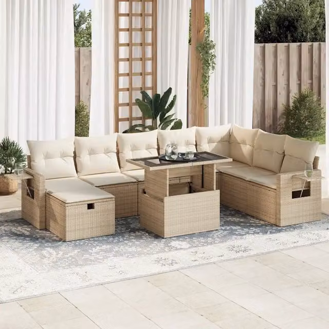 Set Divano da Giardino vidaXL 9 Pezzi in Polyrattan con Cuscini Beige e Tavolino da Caffè – 1