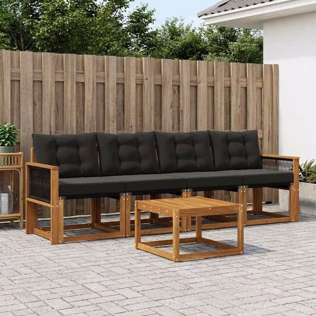 Set di divani da esterno vidaXL 5 pezzi in legno di acacia e textilene, colore marrone e nero, con cuscini e tavolino da giardino