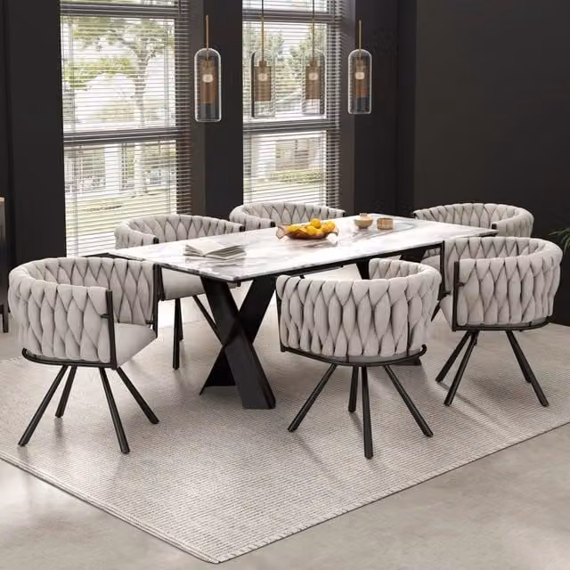 Sedia da pranzo girevole 360° in lino nero; set da 6; con struttura in metallo