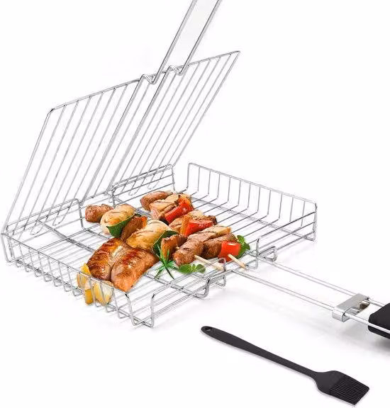 Supporto portatile per grigliata in acciaio inossidabile con manico in legno per pesce e verdure, con pennello per salse incluso, 26 x 20 x 3,5 cm