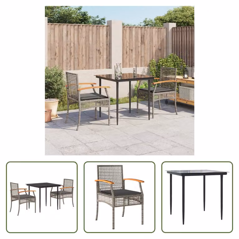 The Living Store Set da pranzo da giardino in 3 pezzi con cuscini in poly rattan grigio