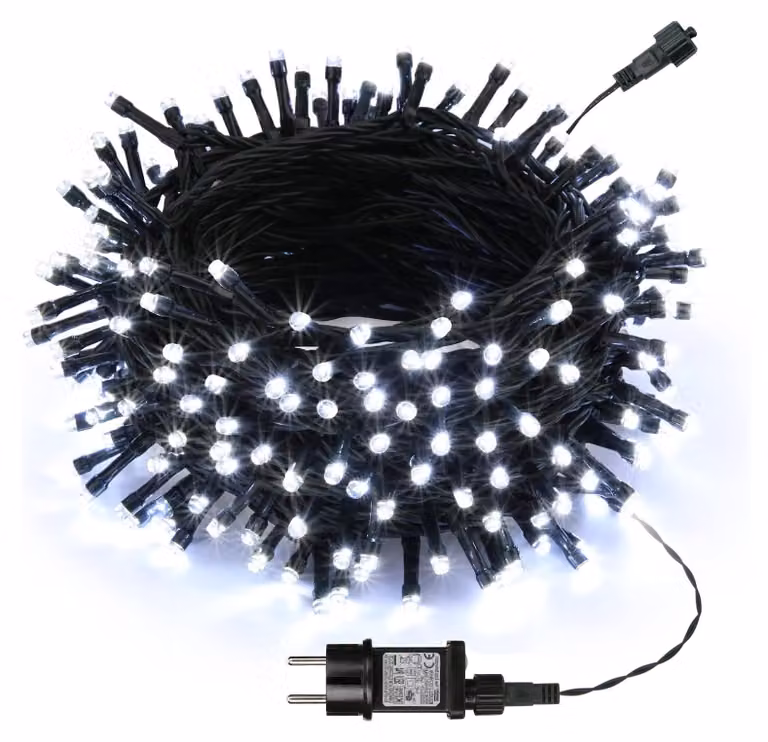 Catena luminosa con 200 LED, luce bianca fredda, lunghezza 20 metri, grado di protezione IP44, con alimentatore