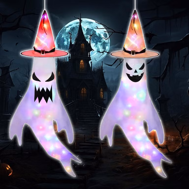 Set da 2 fantasmi per Halloween, decorazioni per esterni, con luci LED, in poliestere