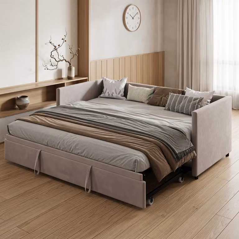 Letto imbottito trasformabile in divano letto, modello INONEFT, disponibile nelle dimensioni 90x200 cm o 180x200 cm, con letto estraibile, ideale come divano da giorno con rete a doghe e braccioli, letto per ospiti o letto per ragazzi, rivestito in vellut
