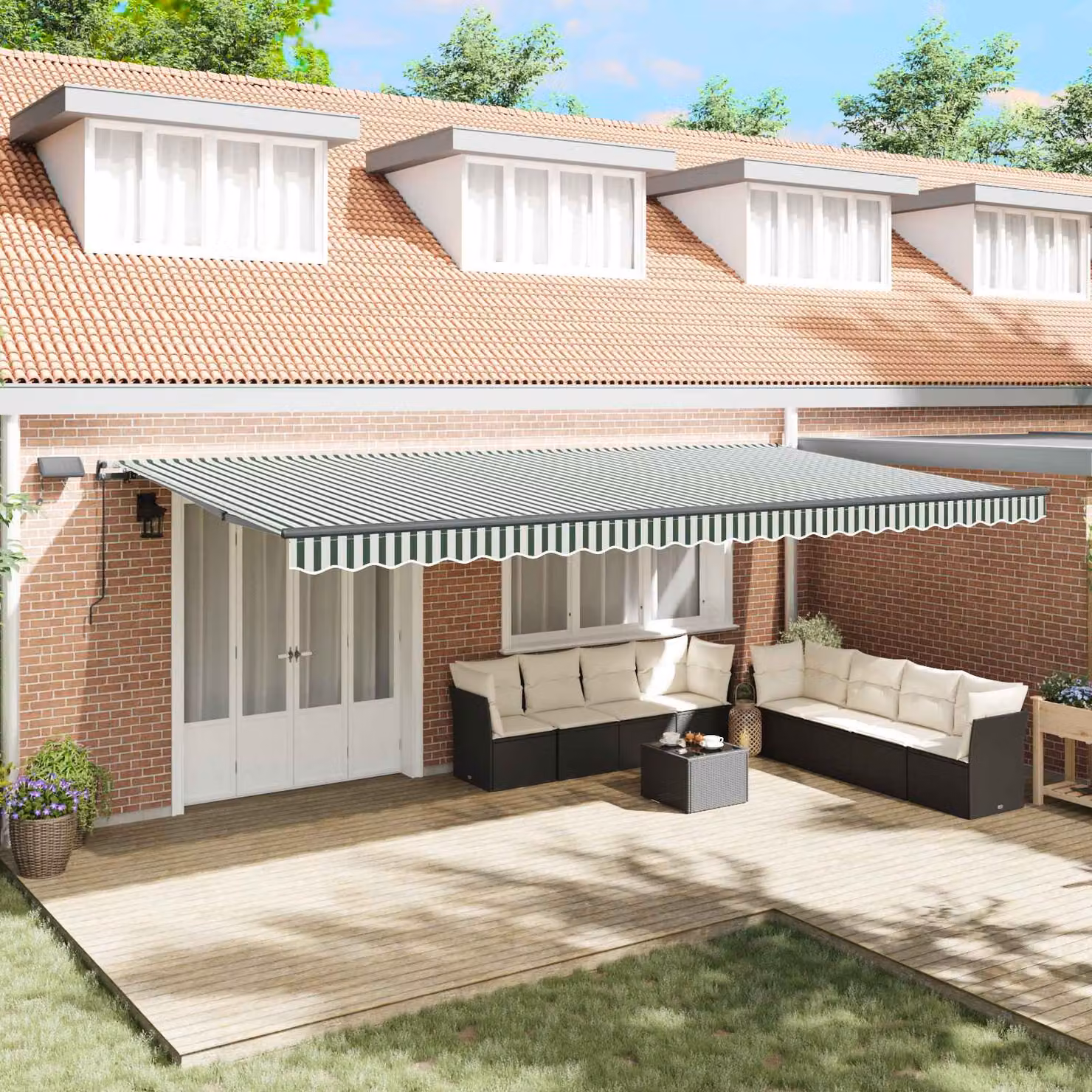 vidaXL Tenda retrattile con bracci pieghevoli in alluminio e tessuto in poliestere, Verde e Bianco, L: 600 cm, P: 300 cm