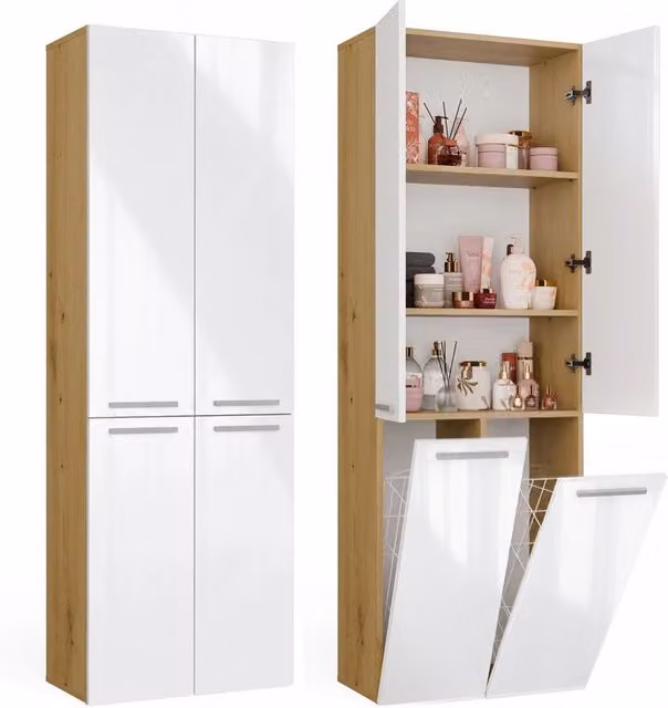 Mobile bagno NEL 2k DD colonna 2 kosze per bucato bianco lucido rovere artisan