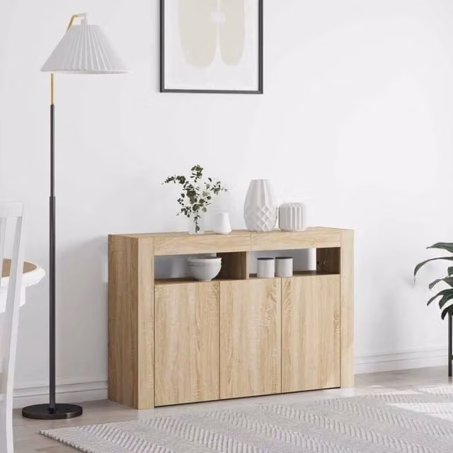 Credenza moderna vidaXL in legno color rovere e beige con illuminazione integrata L: 116 cm, P: 30 cm, H: 75 cm