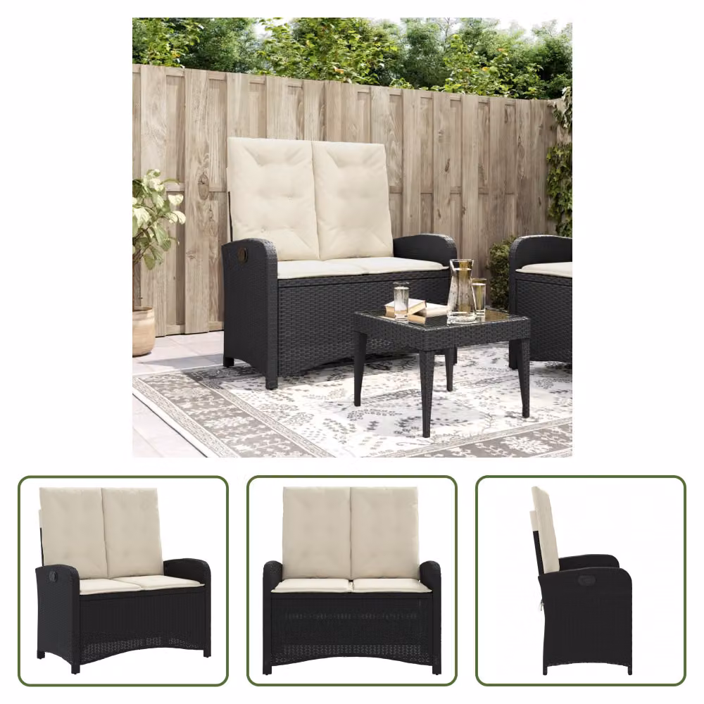 The Living Store Panca da giardino regolabile con cuscini in poly rattan nero