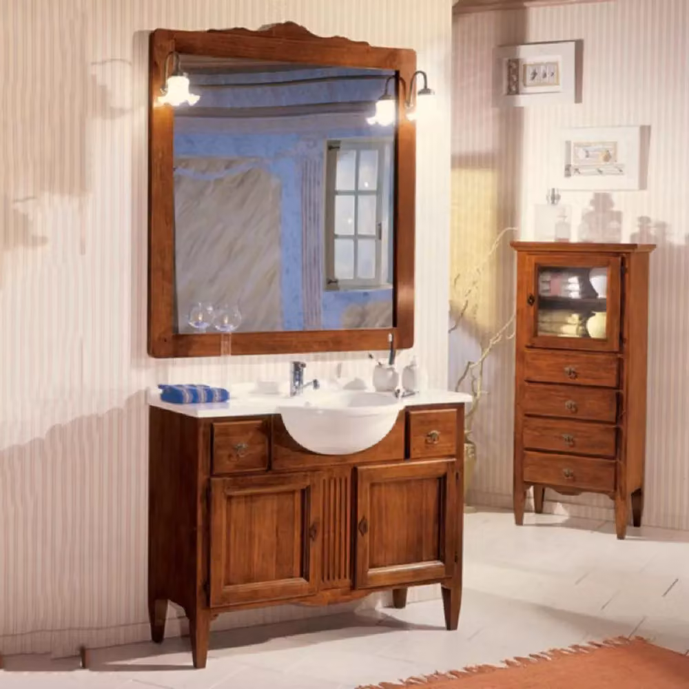 Mobile bagno Mobili 2G in legno e pietra con lavabo, specchio e armadietto, L: 108 cm, P: 40 cm, H: 79 cm – 2