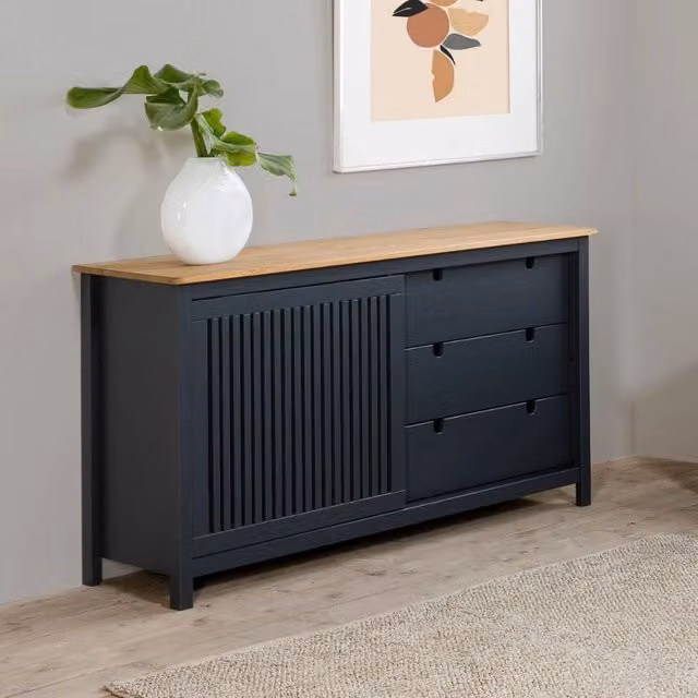 Credenza Bruna in legno massiccio colore grigio antracite e pino 150x40x80H - Anta scorrevole e 3 cassetti